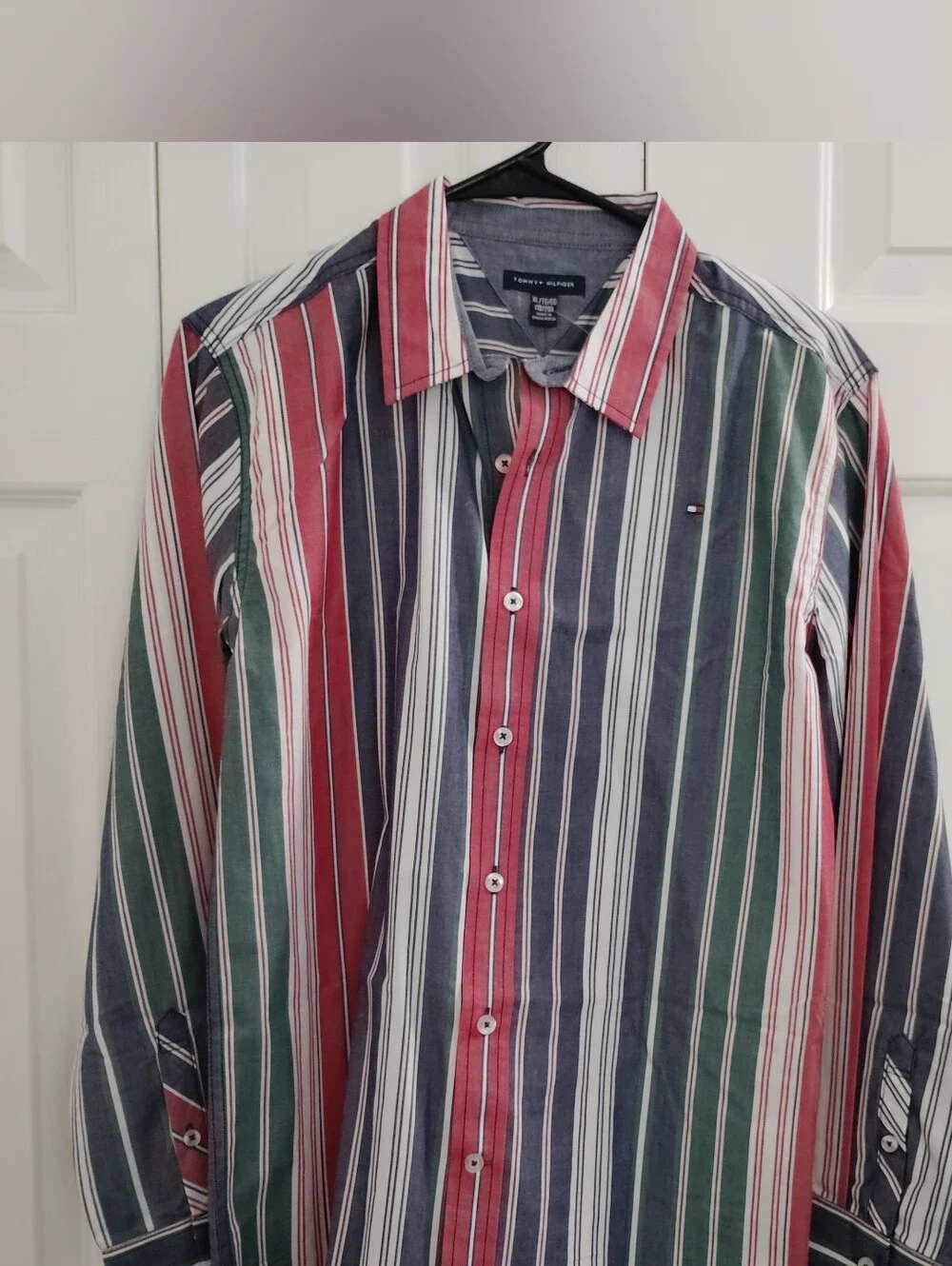 Vintage Tommy Hilfiger Shirt Vertical Striped Button Up Boys Size XL.